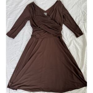 Rabbit Rabbit Designs Brown V-Neck Ruched Fit & Flare Knit Dress 3/4 Sleeve 8